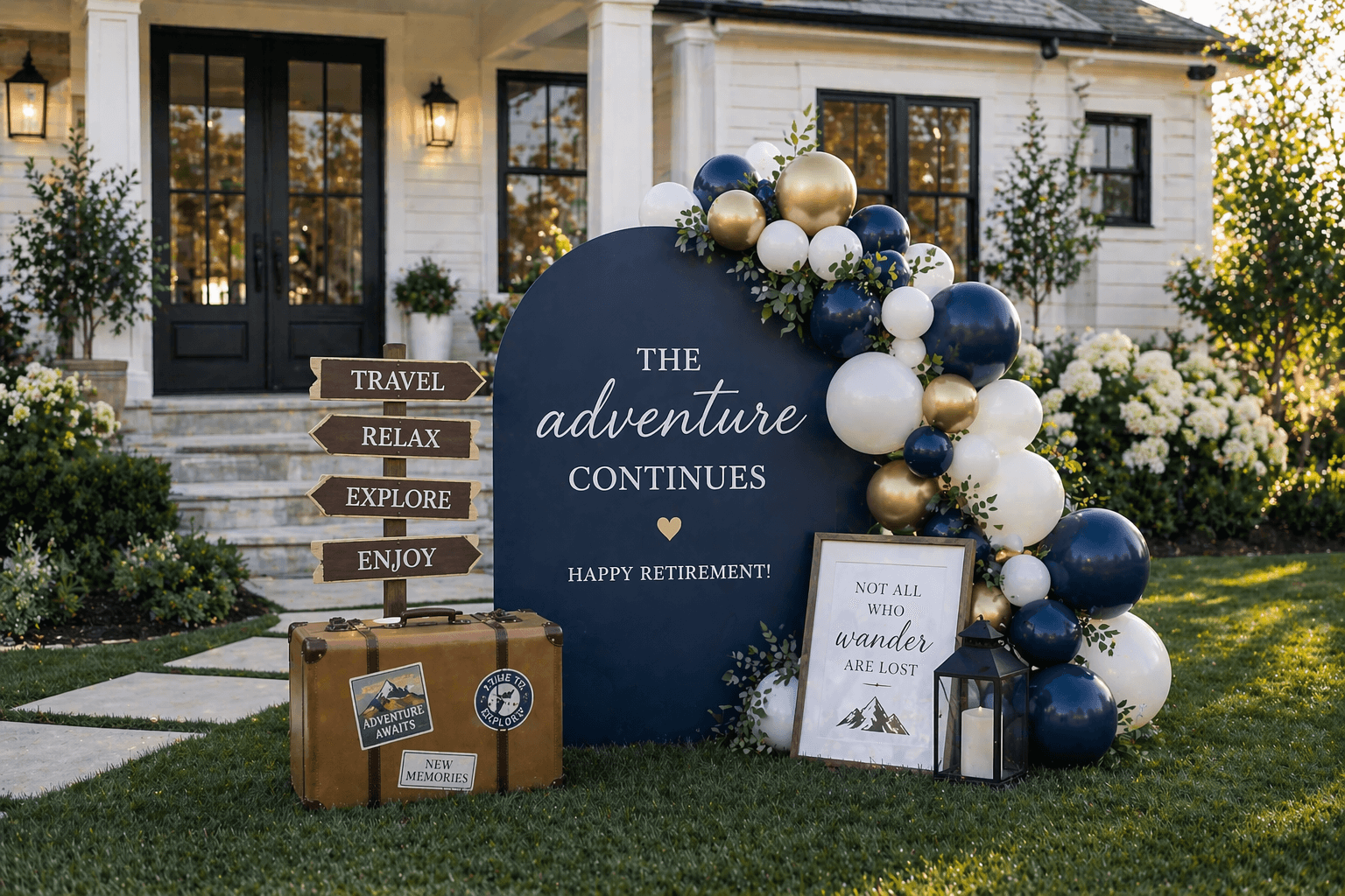A front porch styled for an elegant evening gathering at golden hour. with candle & lantern lighting
