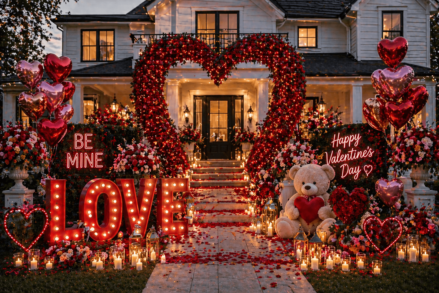 Valentine's Day porch with roses, ribbon, and warm lighting